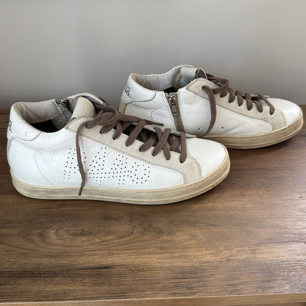 P448 Mid Top side zipper White Perforated High-Top Sneakers with Brown Laces - Picture 11 of 12